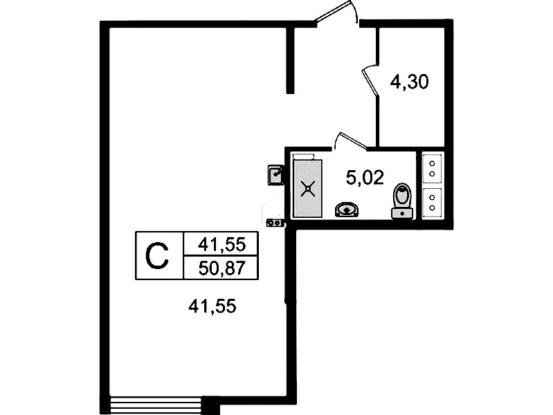 Квартира студия 50.87 м², 4/14 эт., Комплекс апартаментов «Ladozhsky Avenir»